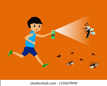 Boy Fight Mosquito By Spray. Protection Dengue Fever Concept. Vector Illustration.