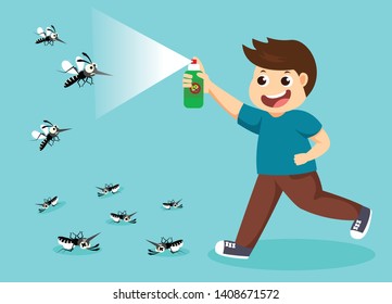 boy fight mosquito by spray. protection dengue fever concept. Vector illustration. 