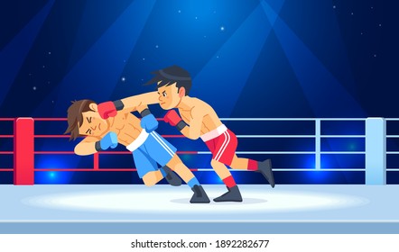 Junge Kämpfer oder Boxer verlieren und werden im Gesicht getroffen, während sie im Boxring einen Knockout oder einen Knall haben. Cartoon-Charakter, flache Vektorgrafik.