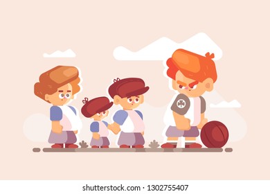 Boy fighter with good kids outside. Little disgruntled child standing clenched fists with ball vector illustration. Different children characters flat style concept
