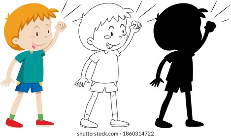 Niño con pose peladora en color y contorno e ilustración de silueta