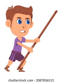Boy with fighting stick. Attacking angry kid in cartoon style