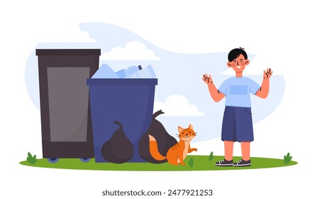 Boy find cat. Teenager stands near trash cans with pet. Schoolboy found lost kitten. Generosity and kindness. Child saves stray animal. Cartoon flat vector illustration isolated on white background