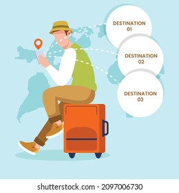 
boy find out the next vacation destination through social media. Holiday. End year holiday. Vacation. Healing. Enjoyed. Illustration. Vector colorful illustration. Illustrator.