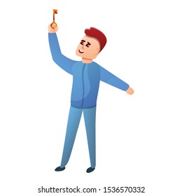 Boy find quest key icon. Cartoon of boy find quest key vector icon for web design isolated on white background