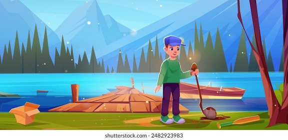 Boy find stone on rope near lake dock and boat. Water surface and mountain front view summer nature landscape background. Blue river and kid character to harbor. Happy teenage in park illustration