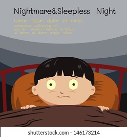 Boy finding himself nightmare and stay awake at night. Vector illustration.