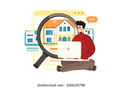 Boy finding a house to rent Illustration concept. Flat illustration isolated on white background.