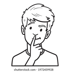 boy with finger on mouth is thinking. outline, comic avatar, monochrome.