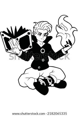The boy is a fire magician sitting cross-legged, in one hand he holds a book of spells, in the second he casts fire magic drawing drawn in anime style outline drawing coloring with shadows