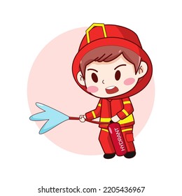 A boy firefighter puts out a fire cartoon character illustration