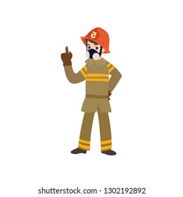 Boy Firefighter Wearing Protective Uniform, Helmet Holding Up His Index Finger and Giving Advice, Freman Character Doing His Job Vector Illustration