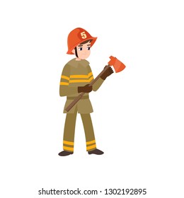 Boy Firefighter Wearing Protective Uniform and Helmet Standig wirh Axe, Freman Character Doing His Job Vector Illustration