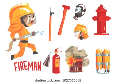 Boy Fireman, Kids Future Dream Fire Fighter Professional Occupation Illustration With Related To Profession Objects