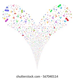 Boy fireworks stream. Vector illustration style is flat bright multicolored iconic symbols on a white background. Object double fountain created from random design elements.