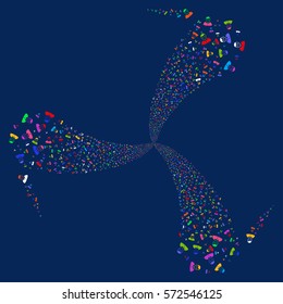 Boy fireworks swirl rotation. Vector illustration style is flat bright multicolored iconic symbols on a blue background. Object whirl organized from random icons.