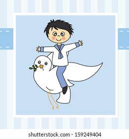 Boy first communion. Boy flying with a dove