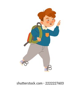 Boy First Grader with Backpack Cheering and Having Fun Vector Illustration