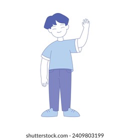 Boy First Grader Standing with Raised Arm and Smiling Vector Illustration
