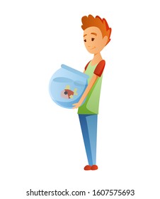 Boy with fish in aquarium isolated on white background. Holding their domestic animal. Male flat cartoon character. Colorful vector illustration