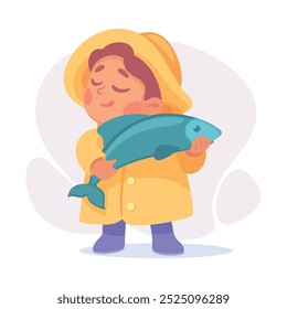 Boy Fisher in Rubber Boot and Coat as Child Profession Vector Illustration