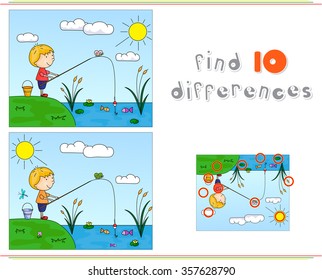 A boy fisherman fishing on the river bank. Educational game for kids: find ten differences. Vector illustration