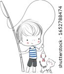 Boy fisherman with fishing rod and cat. Summer theme.