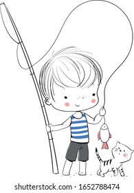 Boy fisherman with fishing rod and cat. Summer theme.