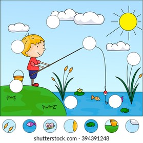 Boy fisherman with fishing rod on the lake. Complete the puzzle and find the missing parts of the picture. Educational game for kids