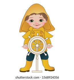 Boy fisherman in a yellow raincoat and boots twists the helm, color vector clip art on a white isolated background