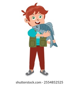 Boy in fisherman's vest holding a big fish, vector illustration.