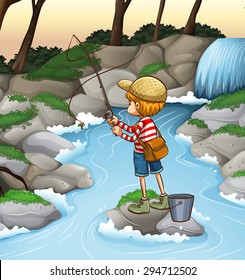 Boy Fishing Alone In The Stream