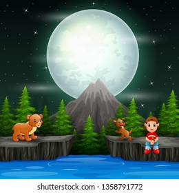 A boy fishing with animals in the night scene