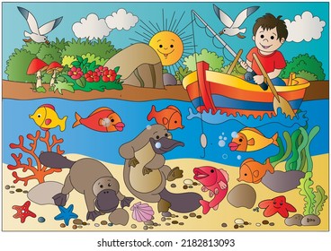 The boy is fishing in a boat. Platypus in the river. Color worksheet