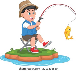 Boy Fishing Cartoon On White Background