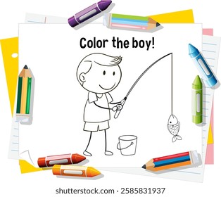 A boy fishing with crayons around the page