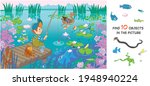 The boy is fishing. Find 10 hidden objects in the picture. Hidden objects puzzle. Funny cartoon character. Vector illustration. Set 