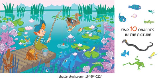 The boy is fishing. Find 10 hidden objects in the picture. Hidden objects puzzle. Funny cartoon character. Vector illustration. Set  - Shutterstock ID 1948940224