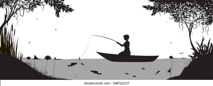 Boy Fishing On Boat Near River Stock Vector (Royalty Free) 248762137 ...