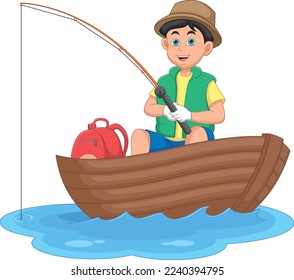 boy fishing on a wooden boat