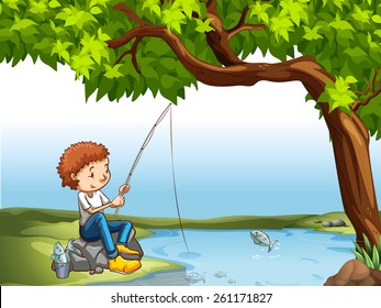 Niño pescando en el río