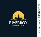 boy fishing in the river contemplating at sunset vector logo illustration in vintage style