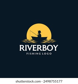 boy fishing in the river contemplating at sunset vector logo illustration in vintage style