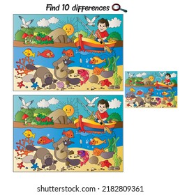 The boy fishing in the river, and the platypus. Find 10 differences. Attention and worksheet.