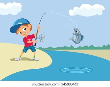 Boy fishing in a river. Vector illustration