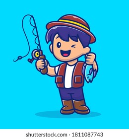 Boy Fishing With Fishing Rod Cartoon Vector Icon Illustration. People Hobby Icon Concept Isolated Premium Vector. Flat Cartoon Style