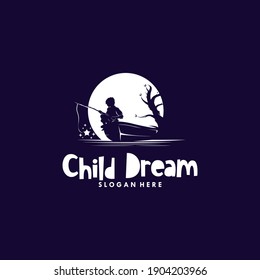 A boy fishing a star in the moon logo design