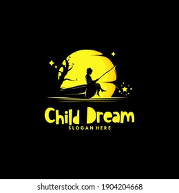 A boy fishing a star in the moon logo design