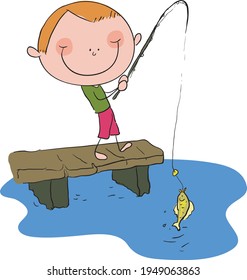 Boy fishing stock illustration vector isolated in white background