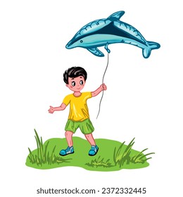A boy with a fish-shaped balloon in his hands. Vector illustration on a children's theme. Greeting cards, invitations, banners, book illustrations.